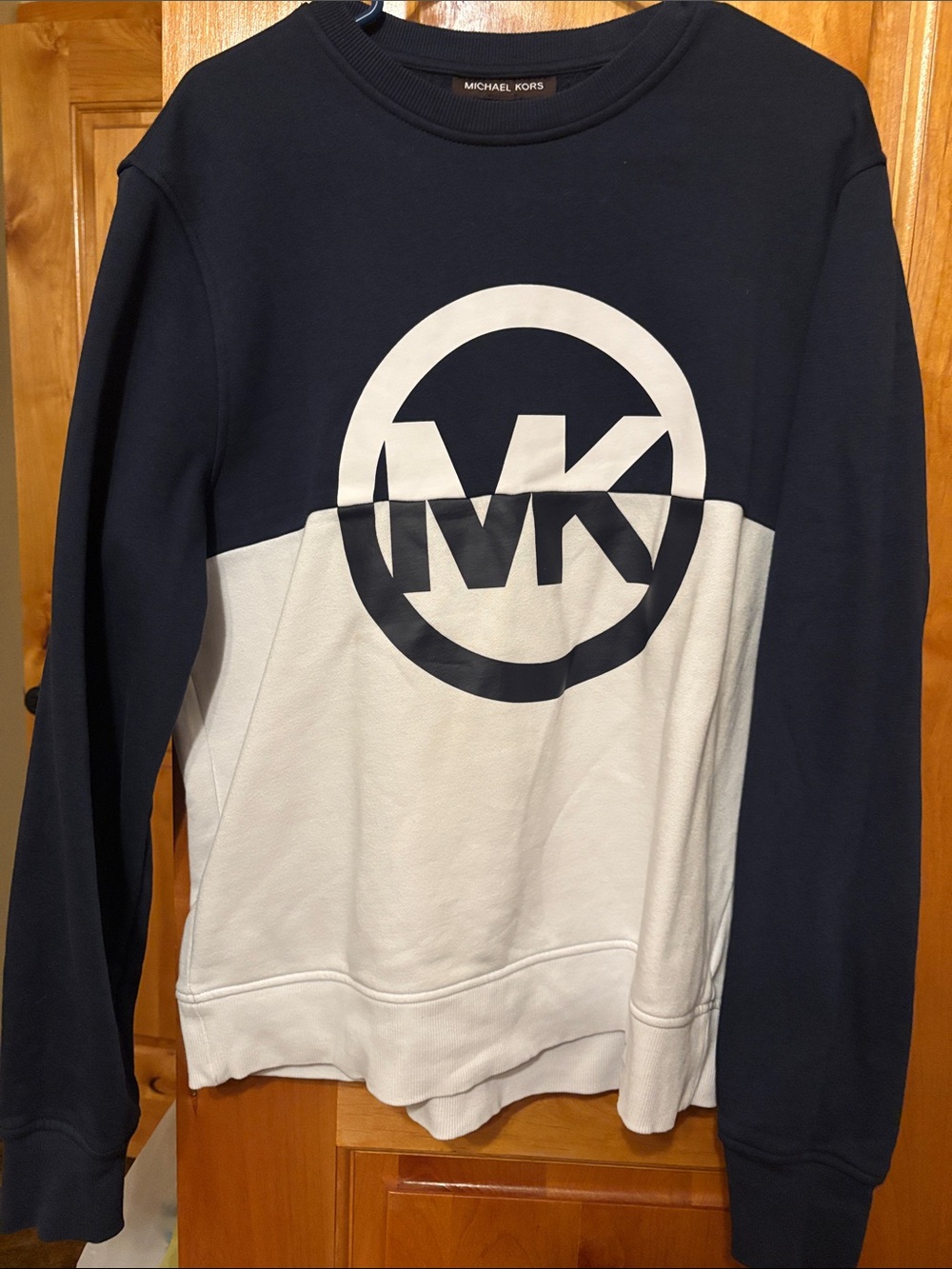 Michael Kors Navy and White MK Logo Crewneck Sweater